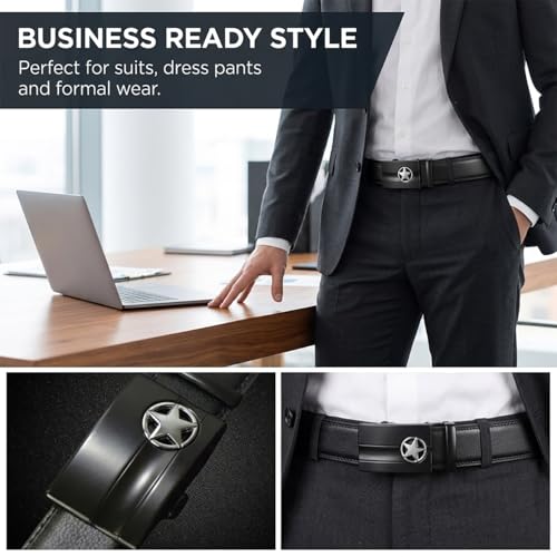 Image of JINIU Men's Ratchet Belt Buckle, Black Genuine Leather Slide Belt for Men Dress Suit, Micro Adjustable Trim to Fit Boxed