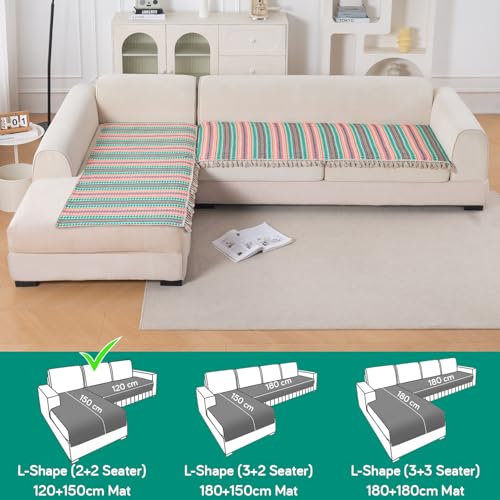 Image of HOKIPO 'Artisan Boho Series' L Shape (2+2 Seater) Sofa Cover Seat Mat | 450 GSM Cotton Acrylic Jacquard Fabric with Tassel, Mint Green (IN-902+903-A7)