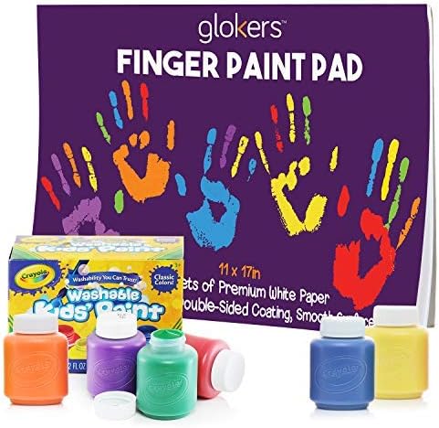 glokers Finger Paint Paper Pad and 6 Non-Toxic Washable Crayola Paint - Premium Toddler Arts & Crafts Painting Supplies 11 x 17 Inches, 50 Sheets of Thick White Paper
