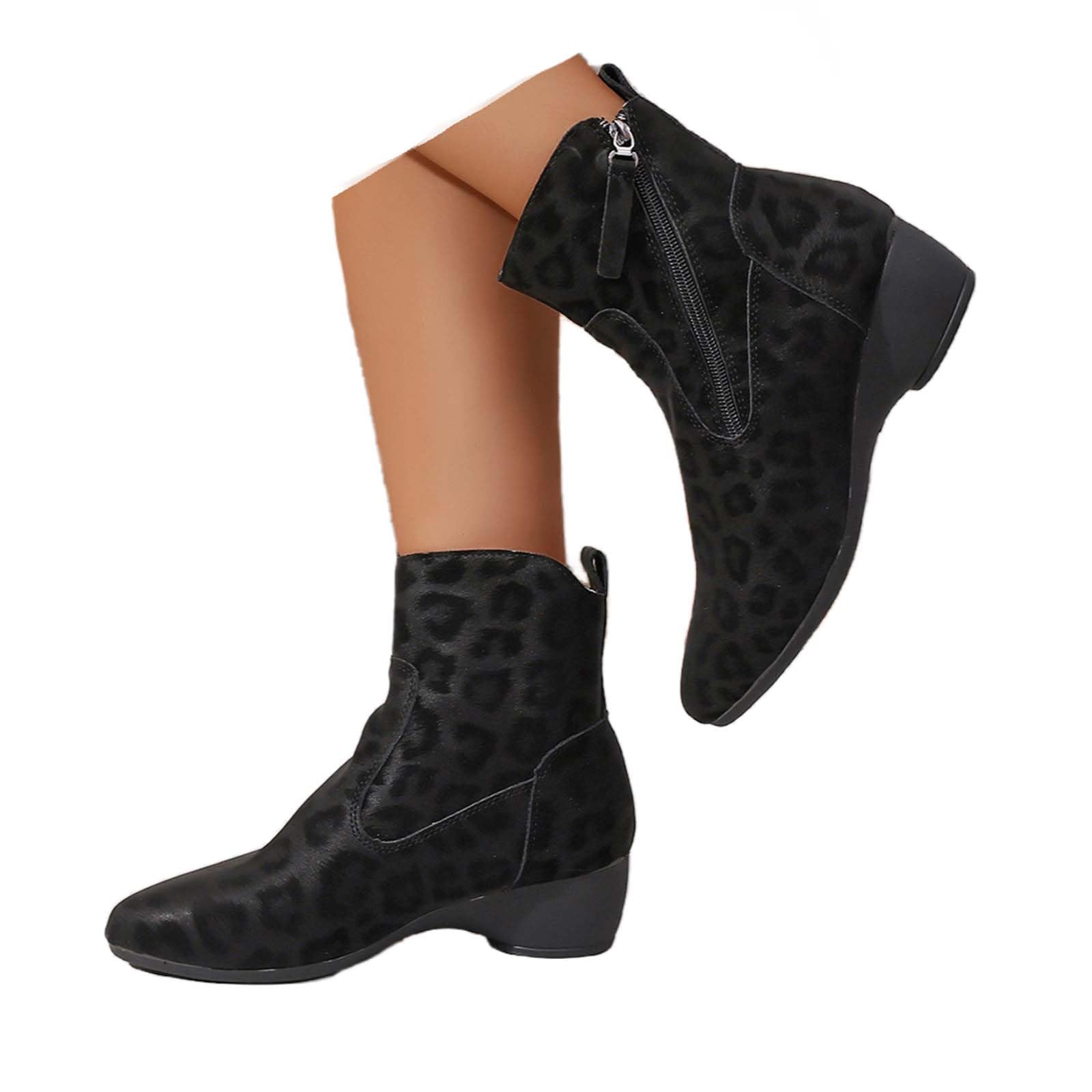 Leopard Print Booties for Women Ankle Booties with Side Zipper Stylish Low Chunky Heel Boots for Autumn Daily
