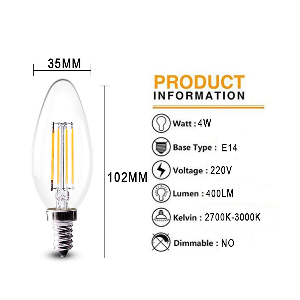 Bombilla LED de filamento E14 de 4 W (equivalente a una incandescente de 40 W), luz blanca cálida (2700-3000 K), bombilla vintage de rosca Edison pequeña C35, no regulable, paquete de 20 bombillas.