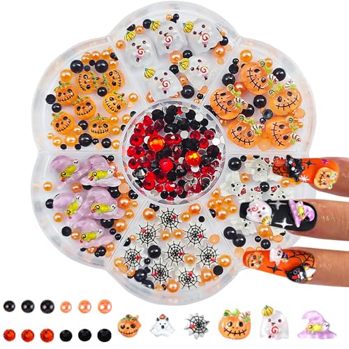 Halloween Nail Charms and Gems Cute Ghost Nail Charms 3D Resin Spider Web Pumpkin Ghost Hat Halloween Nail Design 3D Acrylic Horror Ghost Nail Gems with Orange Black Half Pearls Nail Art Decoration