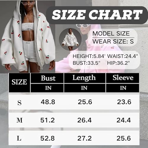 Xunger Women's Cute Cherry Hoodie Long Sleeve Zip Up Printed Jacket Oversized Warm Sweatshirt with Pocket 6