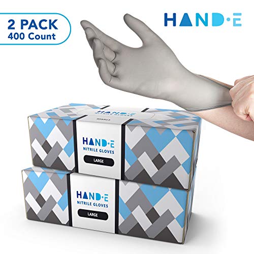Hand-E Disposable Grey Nitrile Gloves Large - 400 Count - Kitchen Gloves - Powder Free, Latex Free Medical Exam Gloves with Textured Grip Fingertips - Cleaning, Salon, Painting