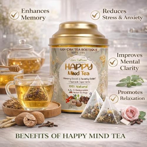 Image of Sancha Tea Boutique, Happy Mind Herbal Infusion, 25 Pyramid Tea Bags | Ayurvedic Blend with Brahmi, Shankhpushpi, Ashwagandha & Rose | Caffeine-Free Relaxation Tea in Double Lid Tin Caddy