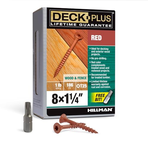 Image of Deck Plus 1-1 /4 Inch Epoxy Coated Exterior Wood and Fence Screws #8 x 1-1 /4 inch Torx /Star Drive Included Coarse Thread, Outdoor Rust Resistant Decking Screw, Red, 1lb Box, 186 Pieces | 48424
