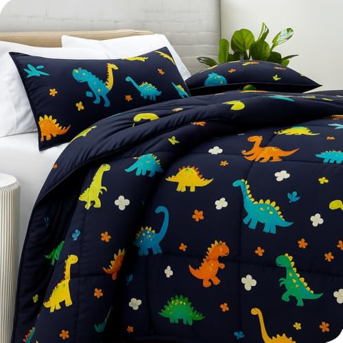 Image of 200 GSM 400 TC Kids Glace Cotton Reversible Cartoon Printed Double Bed King Size Comforter with Matching Bedsheet 90 * 100 with 2 Pillow Covers Set of 4 Pieces (Blue Dinosaur)