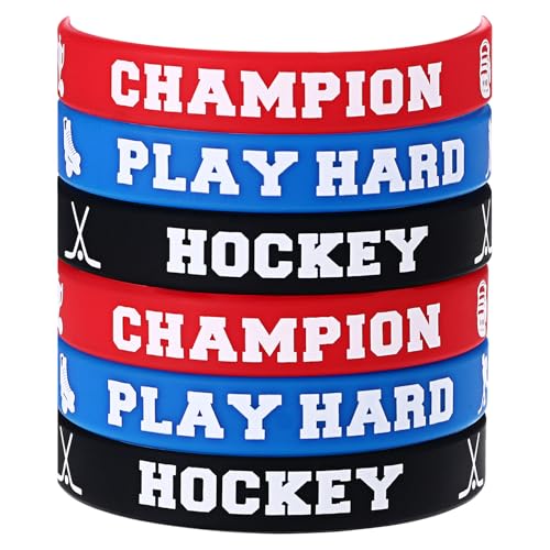 JewelryWe Eishockey Silikon Armband Sportarmband: 6 Stück Hockey Silikonarmbänder Motivationsarmband Set für Kinder und Erwachsene, Hockey Team Partyzubehör Geschenk für Sport Mottoparty