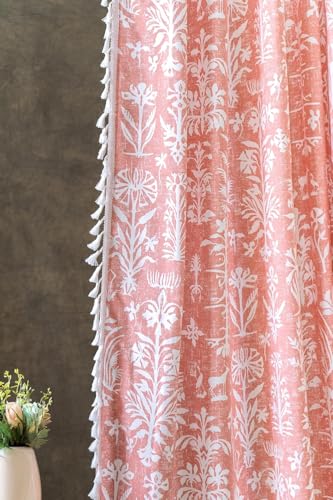 Image of Tranquebar Curtain Co. Window Curtains 6 Feet, Cotton Curtains, 60-65% Room Darkening, Peach Botanical Print, Pink Curtains, BackTabs, Design Cairo (183 cm) - 1 Piece