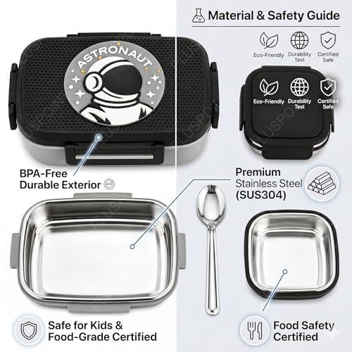 Image of PLUSPOINT Big Steel Lunch Box Space Theme Stainless Steel Lunch Box with Inner Separate Veg Box | Leak Proof and Break Resistant | Tiffin for Kids, Adults with Snap Lock | Ideal for Kids