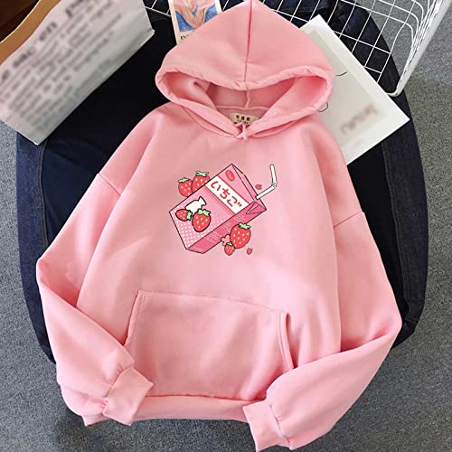 tuduoms Pullover Sweatshirts for Women Cute Strawberry Milk Print Aesthetic Hoodie Casual Shirt Top Teen Girls Kawaii Clothes2