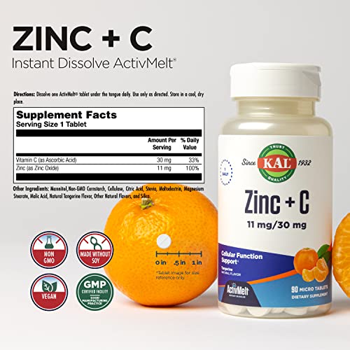 Kal Zinc Plus C, Instant Dissolve Vitamin C And Zinc, Cellular Function And Immune Support, Optimal Absorption, Natural Tangerine Flavor, 60-Day Money-Back Guarantee, 90 Servings, 90 Micro Tablets #TOP1