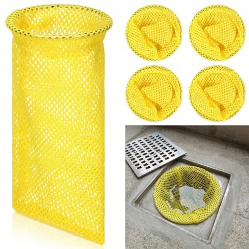 SATINIOR 4 Pcs Disposable Mesh Strainers for Floor Drains Yellow Mesh Drain Sock Strainer with 3.64 Inch Metal Ring on Top for Commercial Kitchens Restaurants & Facilities Prevent Clogs & Odors
