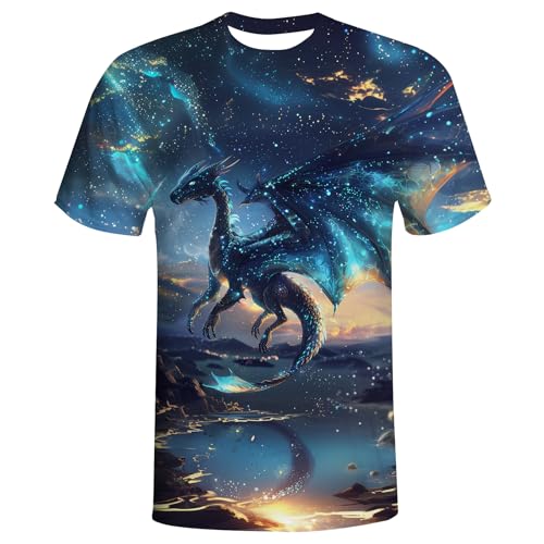 QiErDesign Blue Star Dragon T-Shirts for Men Women 3D Printed
