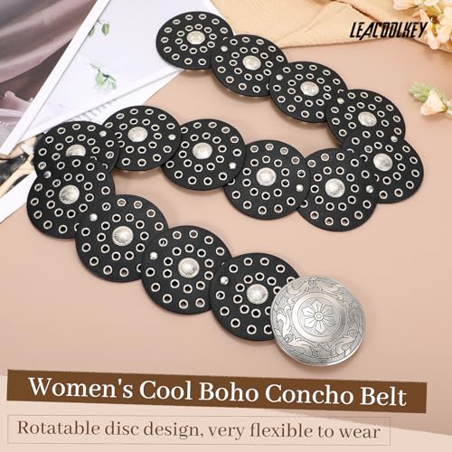 Image of LEACOOLKEY Women's Boho Disc Belt Wide Western Leather Belt Vintage Concho Waist Belts for Dress Jeans