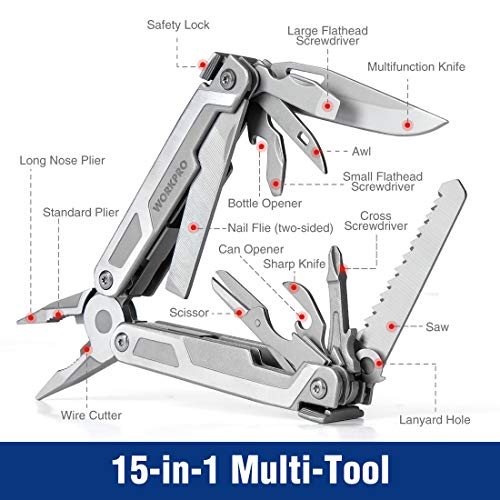 WORKPRO Multitool, 15-in-1 Multi Tool Pocket Knife with Screwdriver, Heavy Duty Multitool Pliers with Safety Locking and Sheath, Perfect for Camping, Fishing and Hiking