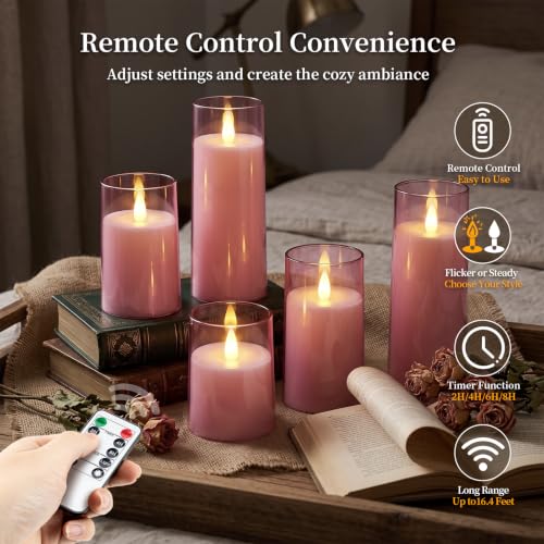 Image of Homemory Realistic Flickering Flameless Pink Candles with Remote & Timer | LED Fake Electric Pillar Candles Battery Operated for Home, Wedding, Christmas Decor, Set of 5