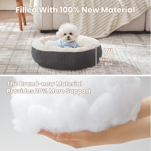 Image of 23 inches Donut Dog Bed for Small Dogs - Calming Round Puppy Bed with Removable &Washable Cover, Plush Faux Fur & Corduroy Pet Bed for Cats, Fits Pets up to 15 lbs(Dark Grey,Small)