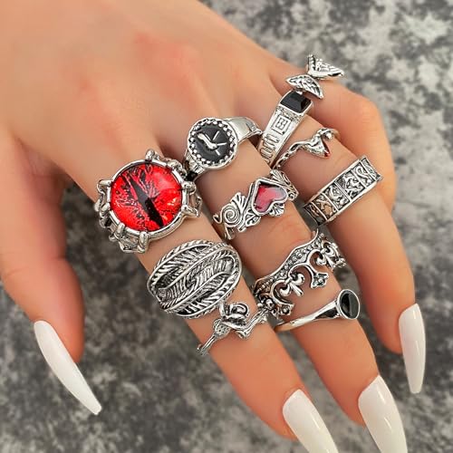 Image of IFKM Vintage Silver Knuckle Rings Set for Women, Stackable Joint Finger Statement Rings Bohemian Retro Hollow Carved Midi Rings, Boho Halloween Skeleton Skull Snake Heart Chunky Stacking Rings Pack