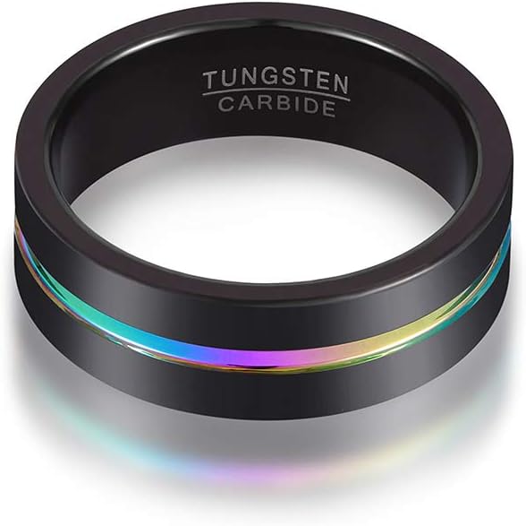 JAJAFOOK Men's Rainbow Groove Tungsten Ring 8mm Black Plated Matte Finish Wedding Band Engagement Eternity Ring Comfort Fit