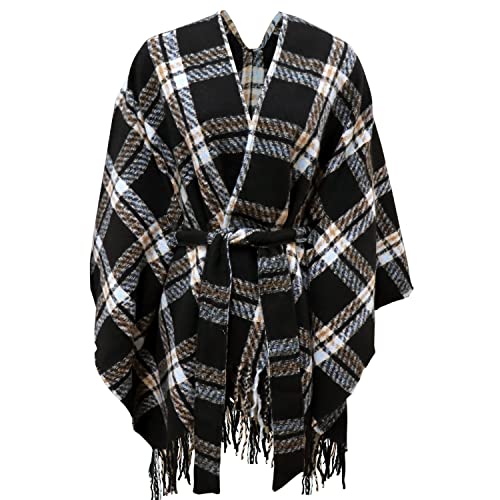 Rayson Donna Inverno Modo Caldo Scialle Frange Cardigan Maglioni delle Signore Plaid Stampa Anteriore Aperto Poncho con Scollo a V Kimono Cintura Wrap Cape(Nero)