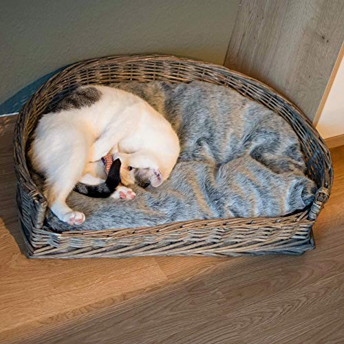 UNUS Hundebett Hundekorb Hundekörbchen aus Weide mit Kissen M für Hunde und Katzen grau 70 x 49 x 17 cm