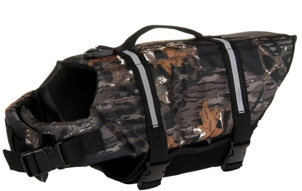 Izefia Dog Life Jacket Swimming Safety Coat Floatation Life Vest Life Saver with Handle for Small Dog Puppy Large Dog (Camouflage Dark