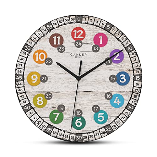 Cander Berlin MNU 7730 Horloge murale pour enfant en bois silencieuse 30,5 cm Avec plaque d'apprentissage Apprendre à lire l’heure