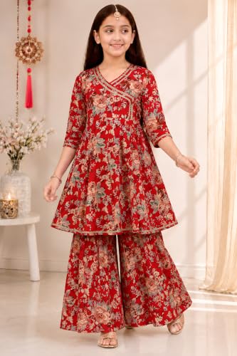 Image of Preneum Girls's Cotton Rayon Gota Pati Floral Printed Angrakha Kurta with Sharara