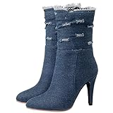 Uniquelly Womens Denim Stiletto Ankle Boots High Heel Booties Pointed Toe Side Zipper Dress Shoes (dark blue,US8.5)