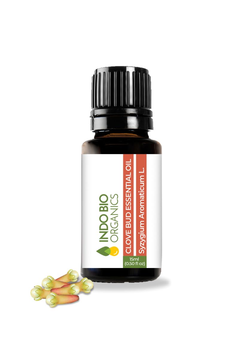 Indo Bio Organics Clove Bud Essential Oil (15 ml), Clove Bud Oil For Healthy Skin, Hair, Teeth, Gum, Diffuser & Aromatherapy, 100% Natural, Undiluted & Pure Therapeutic Grade Clove Bud Oil (15ml)