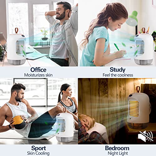 Image of 3 IN 1 Portable Air Conditioner - Sprayable Misting Humidification Cooling Fan,3600mAh USB Rechargeable, 3 Speeds and 90 Degree Pivoting Head with Night Light - Quiet Tabletop Fan for Home, Bedroom