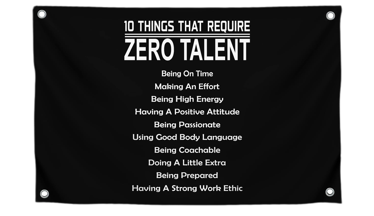 3x5 Feet 10 Things That Require Zero Talent Flag with Four Brass Grommets - Motivational Wall Art Banner for Classroom or Gym - Inspirational Home Leadership Quotes - Wall Flag for Indoor and Outdoor