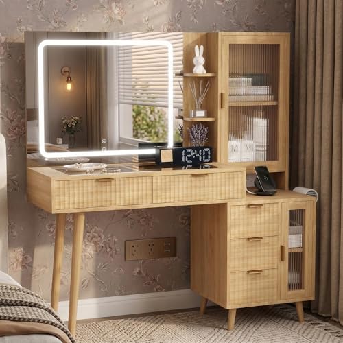 GlouMod 49" Wooden Vanity Desk with Mirror and Lights, Fluted