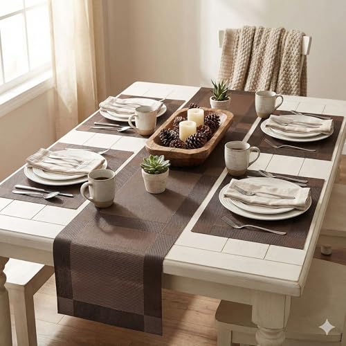 Image of YELONA Dining Table Placemats and Runner Set - Heat Resistant, Washable, Stain Resistant Mats - Woven Vinyl Plastic - Easy to Clean-(45x30 cm 4 Placemats, 180x30 cm 1 Runner)-Ideal for Stylish Dining