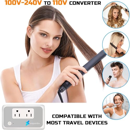 Image of Voltage Converter US to Europe for Curling Iron and Hair Straighteners, 220V to 110V Converter for European Travel Plug Adapter with 2 USB A & 2 USB C Ports (Grey White-Global)