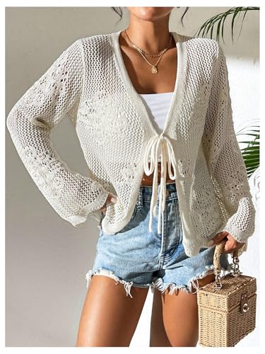 Floerns Women's Tie Front Crochet Lightweight Long Sleeve Cardigan Sweaters Boho Beach Hollow Out Lace Cover Up3