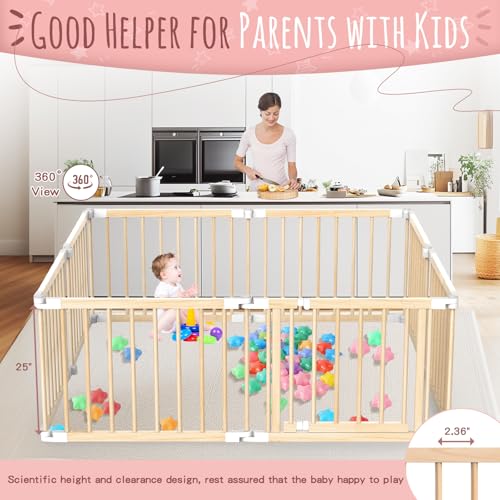 Image of Foldable Wooden Playpen with Door: 8 Panel Adjustable Shape Playpen for Babies and Toddlers - 57 inchx57 inchx25 inch Large Kids Safety Activity Centre Play Yard with Pull Rings & Ocean Balls for Indoor Outdoor