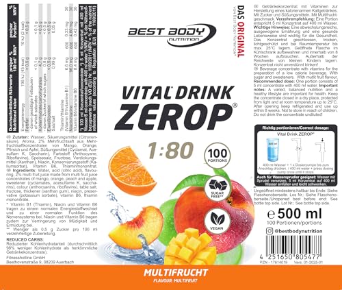 Best Body Nutrition Vital Drink ZEROP ® – Multifrucht Sirup zuckerfrei – 500 ml – 1:80 ergibt 40 Liter Fertiggetränk – Getränkekonzentrat mit Fruchtsaft – Geschmack für Wasser mit Vitaminen