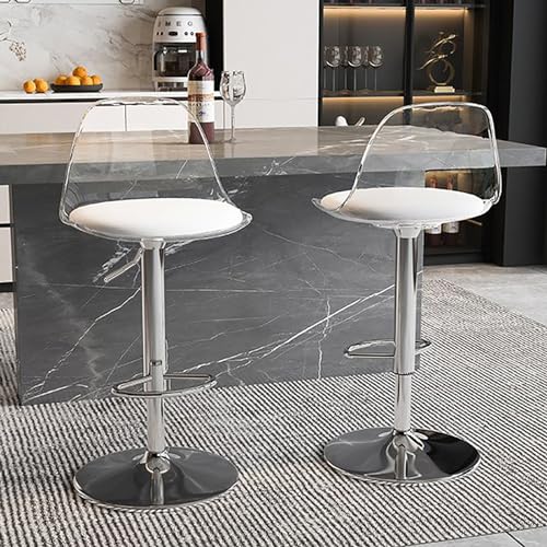 Juego de 2 taburetes de bar acrílicos, hidráulicos sin brazos, con asiento de piel sintética y parte trasera transparente para cocina, restaurante o bar, color: transparente y transparente