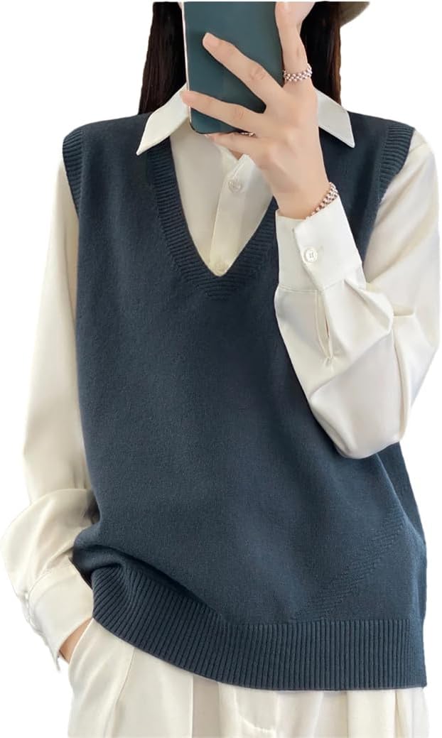 Autumn Winter Women's Wool Sweater V-Neck Pullover Vest Fashion Knitted Sleeveless Loose Woolen Sweater
