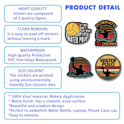 Image of (Set of 4) Water Polo Dominate or Drown Sticker, If You Can't Play Nice Play Waterpolo Vintage Retro Waterproof Stickers 3 Inches