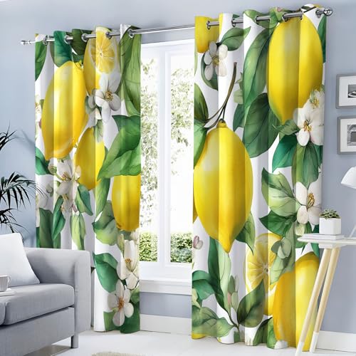 MULERN Cortinas Opacas Aisladas Térmicamente con Ojales, Diseño de Limón Flores, Aspecto Acuarela Ilustración, Cortina Térmica para Salón Dormitorio, 2 Unidades 140An x 175Al cm, Amarillo-Verde