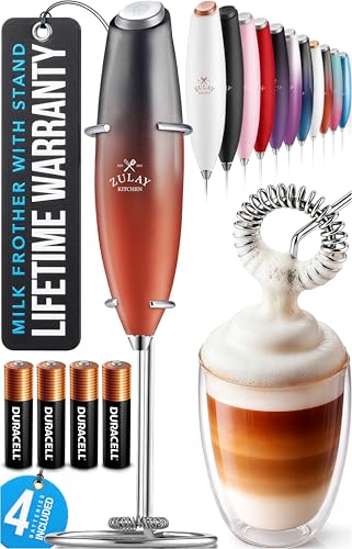 Image of Zulay Kitchen Powerful Milk Frother Wand With Duracell Batteries - Ultra Fast Handheld Drink Mixer - Electric Whisk Foam Maker for Coffee, Lattes, Cappuccino & Matcha - Z1 Motor - Black & Red