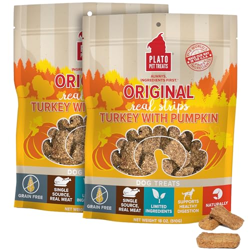 Plato Pet Treats Real Strips - Air-Dried Meat Bars for Dogs - Delicious Limited Ingredient Dog Treats - Grain Free - Original Real Strips Turkey & Pumpkin 18oz - 2 Pack