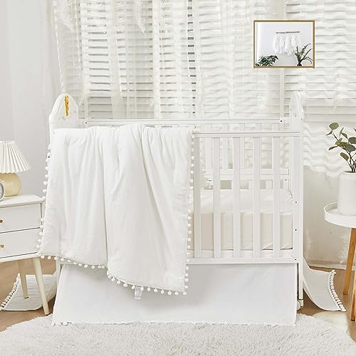 Image of Brandream Gender Neutral Boho Bohemian Baby Girl Boy Nursery Crib Bedding Set 3 Pieces Solid White Farmhouse Chic Unisex Minimalist Tassel Pom Pom Macrame Cozy 100% Washed Cotton