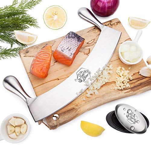 The Bold Bee's 12" Stainless Steel Mezzaluna Knife & Cover + Free Stainless Steel Soap Odor Remover | Pizza Cutter | Fruit, Vegetable & Salad Chopper & Dicer | Herb Mincer #TOP1