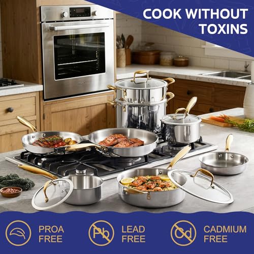 Image of Triple Ply Stainless Steel Pots and Pans Set, EWFEN 12 Piece Induction Cookware Set, Oven Dishwasher Safe | Frying Pans, Saucepans, Saute Pan & Stock Pot, PFOA Free Kitchen Skillet, Gold