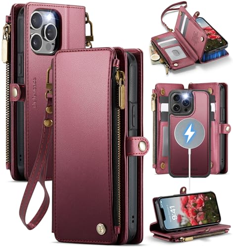 Defencase for iPhone 15 Pro Max Magnetic Wallet Case Compatible with Magsafe with RFID Blocking Zipper Strap Card Holder for Women, PU Leather Detachable Case for iPhone 15 Pro Max (6.7"), Wine Red