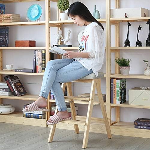 Folding Solid Wood Barstool Ladder Chair - 3-Step Multifunctional Stool for Kitchen, Office, Pub, Café - Green Portable Step Stool for Easy Access and Storage